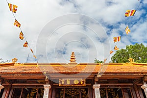 Wide angle view of Ho Quoc pagoda (Vietnamese name is Truc Lam Thien Vien) with big statue of guanyin bodhisattva on mount, Phu