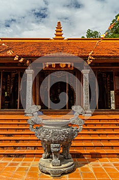 Wide angle view of Ho Quoc pagoda (Vietnamese name is Truc Lam Thien Vien) with big statue of guanyin bodhisattva on mount, Phu