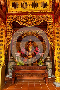 Wide angle view of Ho Quoc pagoda (Vietnamese name is Truc Lam Thien Vien) with big statue of guanyin bodhisattva on mount, Phu