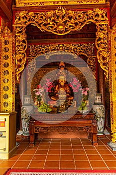 Wide angle view of Ho Quoc pagoda (Vietnamese name is Truc Lam Thien Vien) with big statue of guanyin bodhisattva on mount, Phu