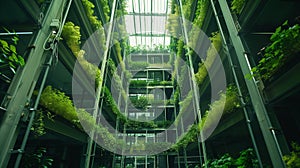 Wide angle view of a indoor or vertical farm with fresh plants or vegetables