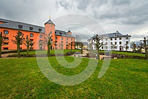 Wide angle view of inner courtyard of Koenigstein Fortress in Saxon Switzerland, Germany