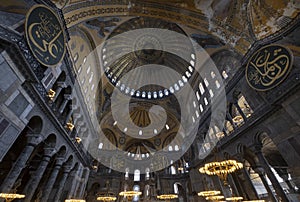 wide angle view of the interior of Hagia Sophia converted into a mosque, Santa Sofia, Istanbul, Turkey