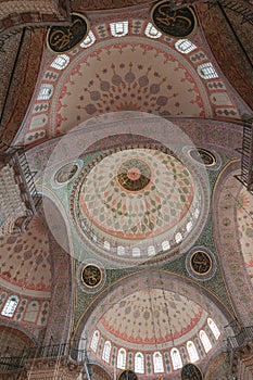 Wide angle view of interior of Yeni Cami or New Mosque in Istanbul