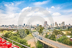 Wide angle view of Johannesburg skyline from the highways