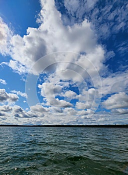 Wide angle view of lake and clouds in the summer