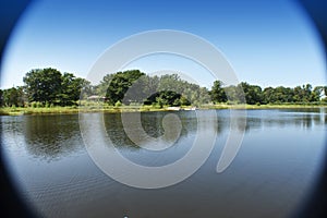 Wide angle view of lake and landscape