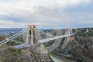 wide angle view of the landmark of Bristol, Clifton Suspension Bridge and Clifton Observatory