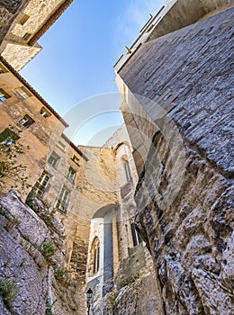 Wide angle view of medieval town buildings in Provence, France
