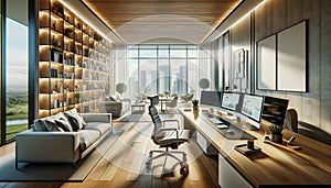 A wide-angle view of a modern home office, featuring a spacious and bright design. The office includes a large desk with