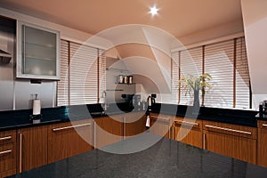 Wide angle view of a modern luxury kitchen