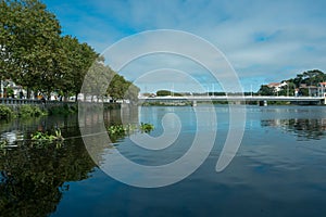 Wide angle view over River Ave in Vila do Conde, Portugal on a bright summer day