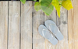 Grey Flip Flop sandals set on a sunny beach side boardwalk.  Wide angle