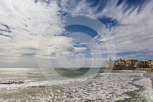 Wide angle view of the San Sebastian Beach, Sitges