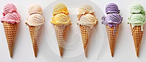 A wide-angle view showcasing a row of ice cream cones with pink, orange, and lavender scoops on a white surface. photo