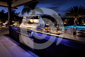 wide angle view of a smart grill in a modern outdoor kitchen setting