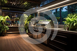 wide angle view of a smart grill in a modern outdoor kitchen setting