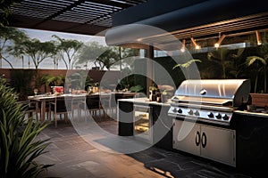 wide angle view of a smart grill in a modern outdoor kitchen setting