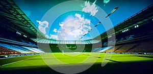 Wide angle view of soccer stadium with the sun shining through the clouds. Generative AI