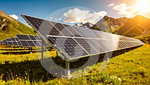 Wide-Angle View of Solar Power Farm in Field with Mountains and Blue Sky photo