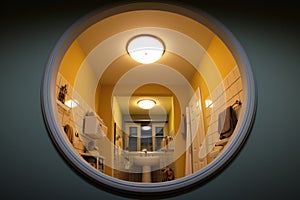 wide angle view of a spotless bathroom mirror