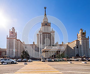 Wide angle view of spring sunny campus of Moscow University under blue sky