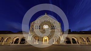 Wide angle view of the Stanford Memorial Church faÃÂ§ade at Blue Hour