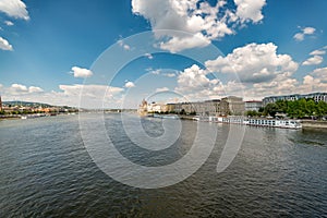 Wide angle view from the Szechenyi Chain Bridge towards Budapest parliament building