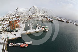 Wide angle view to the harbor of Svolvaer, Norway.
