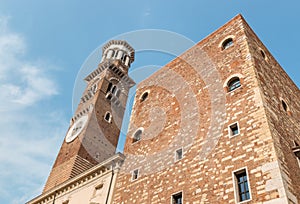 Wide angle view of Torre dei Lamberti in Verona, Italy