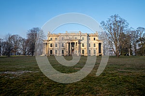 Wide angle view of Vanderbilt Mansion National Historic Site. The 54-room Vanderbilt mansion