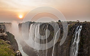 Wide angle view of Victoria Falls sunset