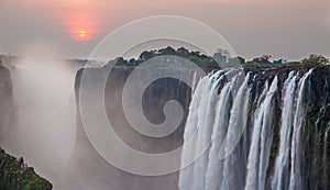 Wide angle view of Victoria Falls sunset