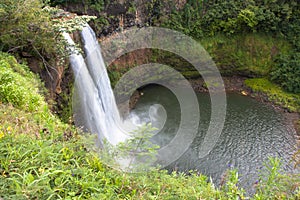 Wide Angle View of Wailua Falls, waterfall, in Kauai, Hawaii