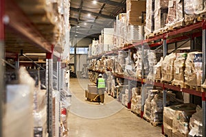 Wide angle view at warehouse interior with worker pushing cart in row aisle