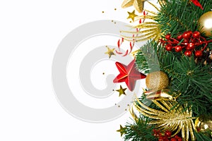 A wide arch shaped Christmas border isolated on white, consists of fresh spruce branches and ornaments in red and gold