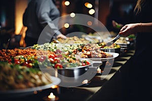 A wide array of delicious dishes displayed on plates in a buffet line., People group catering buffet food indoor in restaurant, AI