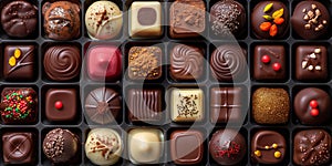 Wide assortment of chocolates with various toppings in a large box photo