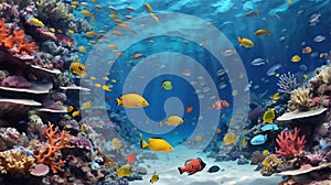 Wide banner background with a coral reef underwater and vivid fish and marine life in the deep blue ocean. AI GENERATED
