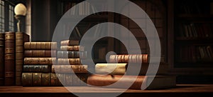 wide banner of old vintage library stack of antique books on old wooden table in fantasy medieval period with copyspace,