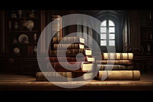 wide banner of old vintage library stack of antique books on old wooden table in fantasy medieval period with copyspace,Generative