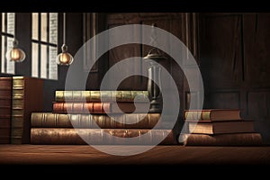 wide banner of old vintage library stack of antique books on old wooden table in fantasy medieval period with copyspace,Generative