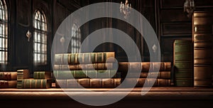 wide banner of old vintage library stack of antique books on old wooden table in fantasy medieval period with copyspace,