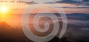 Wide banner panorama of the famous Podere Belvedere in Tuscany at sunrise