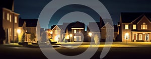 wide banner of residential neighborhood at night with lights and copy space area for real estate and home ownership concepts,