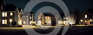 wide banner of residential neighborhood at night with lights and copy space area for real estate and home ownership concepts,