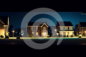 wide banner of residential neighborhood at night with lights and copy space area for real estate and home ownership concepts.