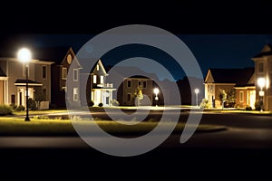 wide banner of residential neighborhood at night with lights and copy space area for real estate and home ownership concepts.