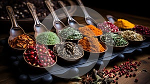 Wide banner of various Indian masala spices in wooden spoons