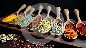 Wide banner of various masala spices and powders in wooden spoons